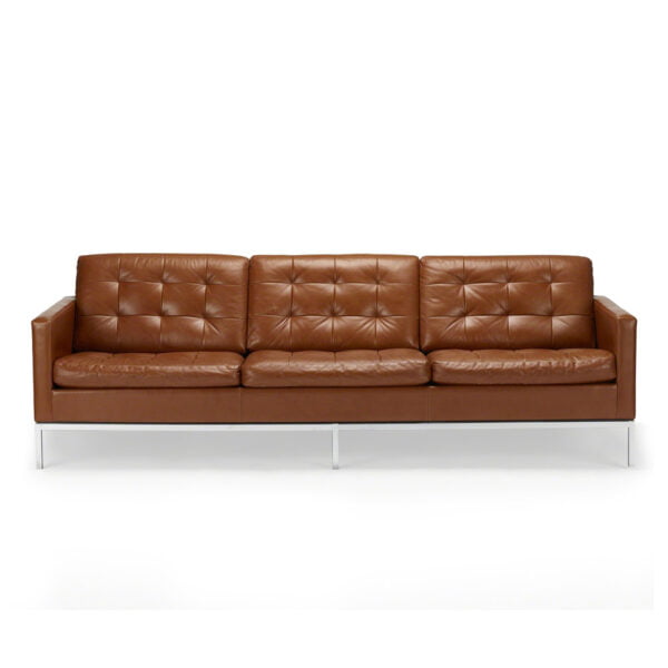 3 seater brown reddish leather sofa on metal legs