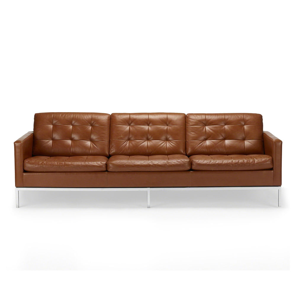 3 seater brown reddish leather sofa on metal legs