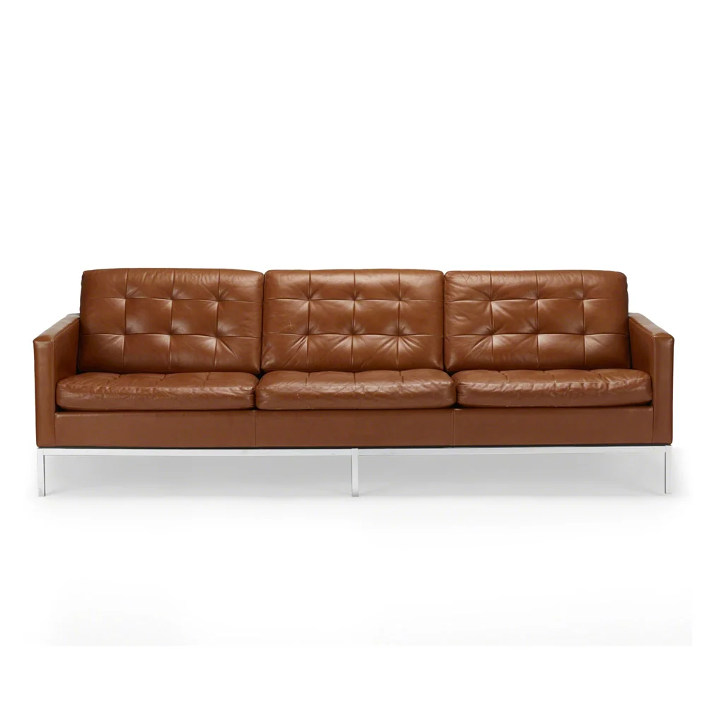 3 seater brown reddish leather sofa on metal legs