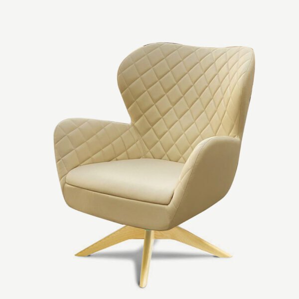 Rotatable swivel chair with comfortable tall back and natural light color wooden leg