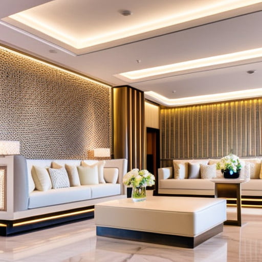 The lobby seating features plush armchairs and sofas in rich, warm colors that invite guests to relax and unwind