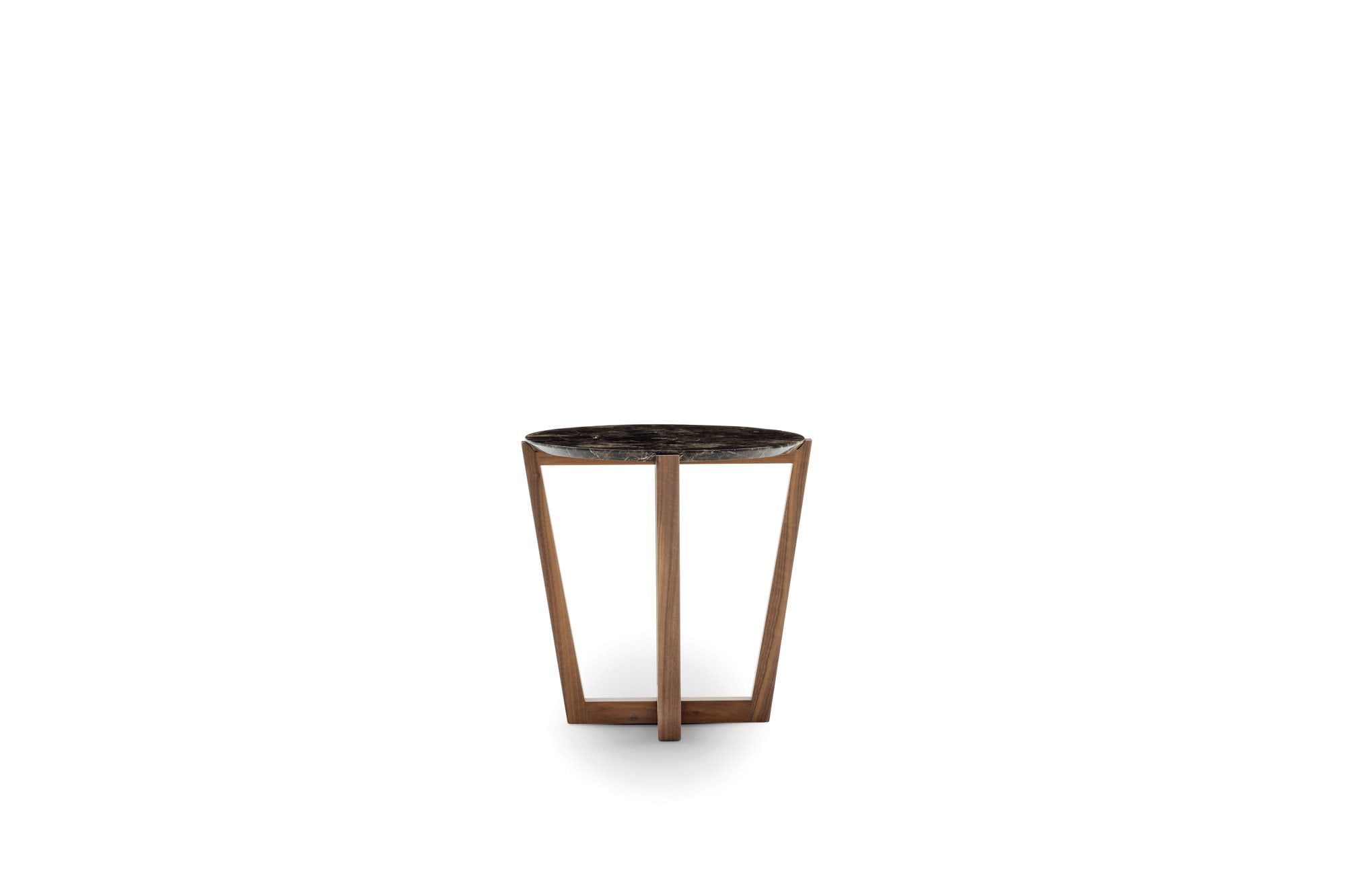 Circular coffee table with a sleek marble top and a sturdy wooden base.