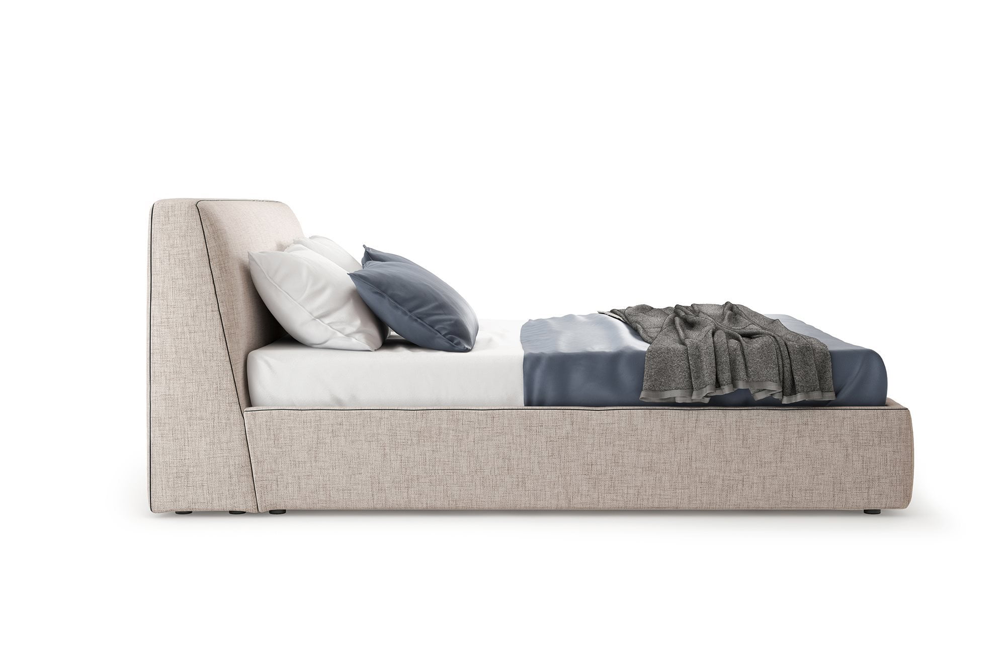 Large beige fabric bed for master bedroom