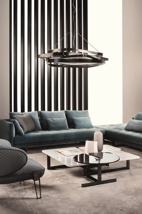 Living room with a white marble top coffee table
