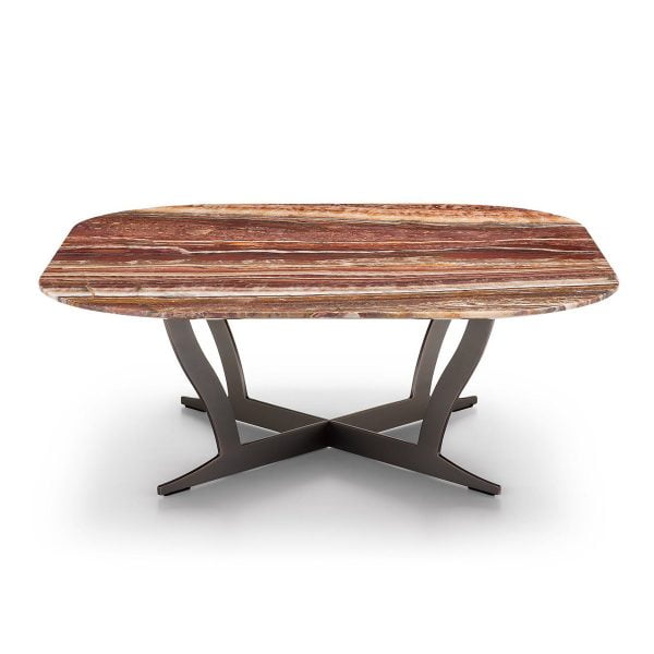a coffee table with a brown marble table with viens