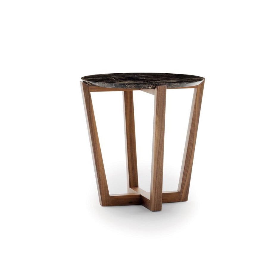 A wooden based coffee table with a circular marble top.
