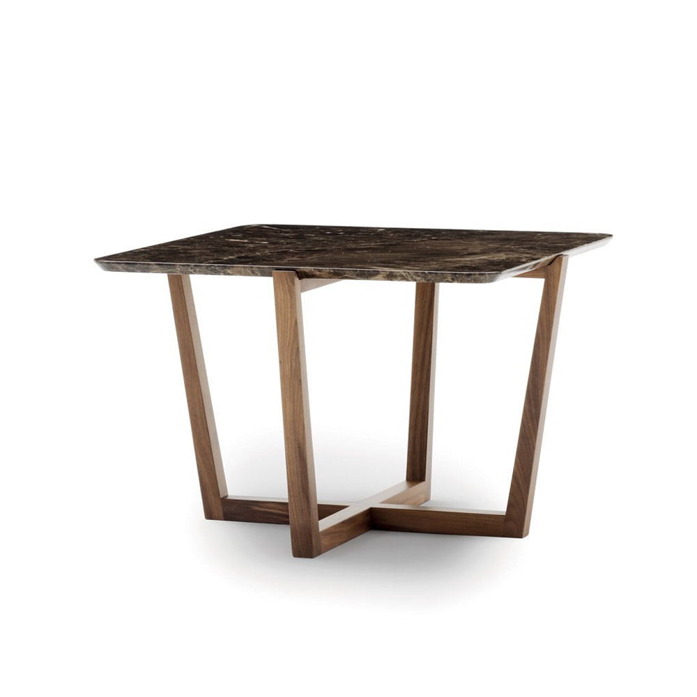 square coffee tabel with a marble top and a wooden base