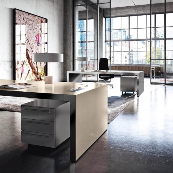 Embrace the embodiment of executive luxury with our striking L-shaped desk, distinguished by its magnificent wood construction and ergonomic design elements