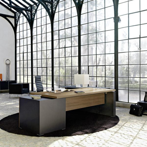 Executive office desk, a masterpiece of design and functionality, featuring a sleek walnut, ebony, or wengé structure and essential features like a front modes