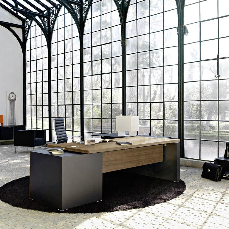 Executive office desk, a masterpiece of design and functionality, featuring a sleek walnut, ebony, or wengé structure and essential features like a front modes