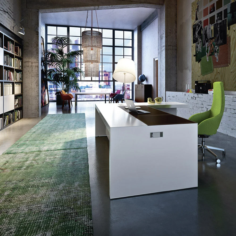 Immerse yourself in a workspace of opulence and efficiency with our generously sized L-shaped executive office desk, expertly crafted from luxurious wood