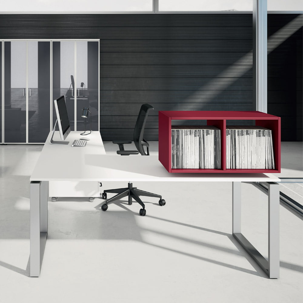 L shaped table desk with shelvs on the desk corner