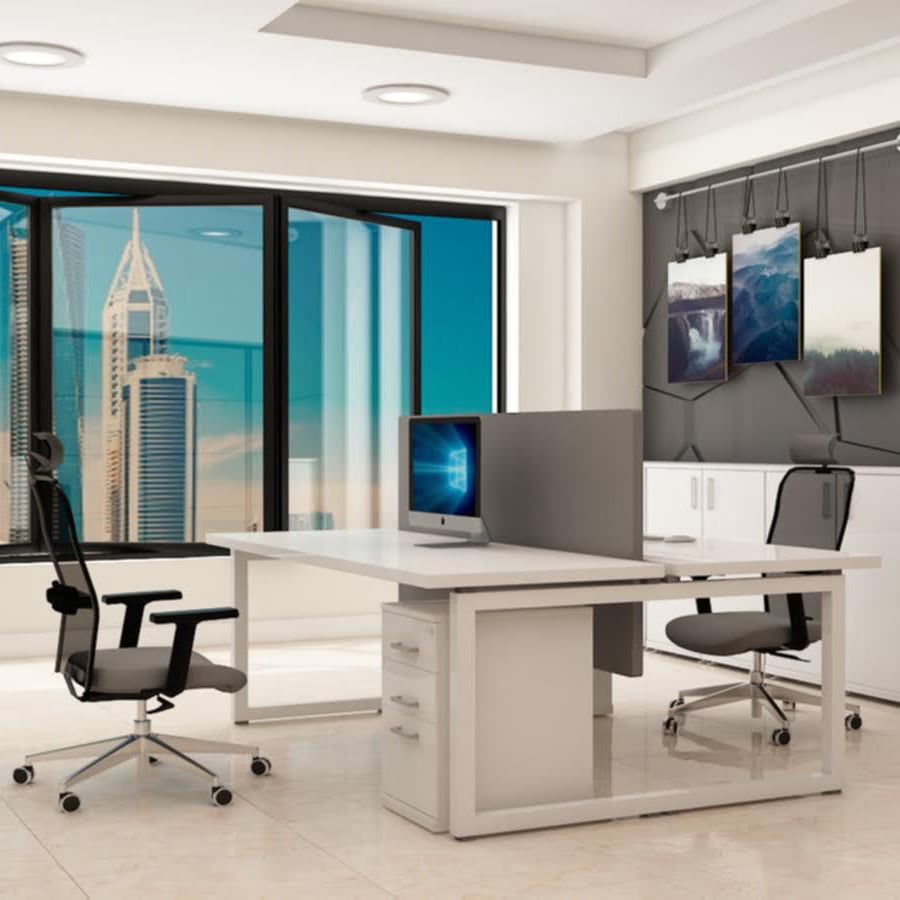 Modern desk setup designed for two individuals.