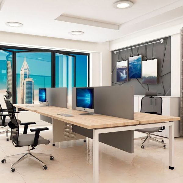 Interactive office desk setup promoting enhanced teamwork.