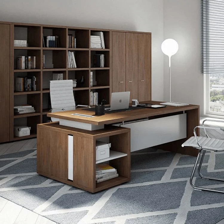A wooden desk with a large working surface
