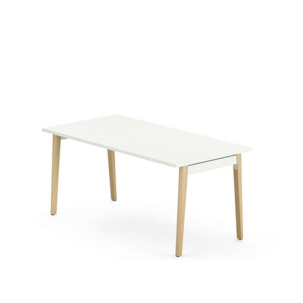 An office desk with white top and wooden legs
