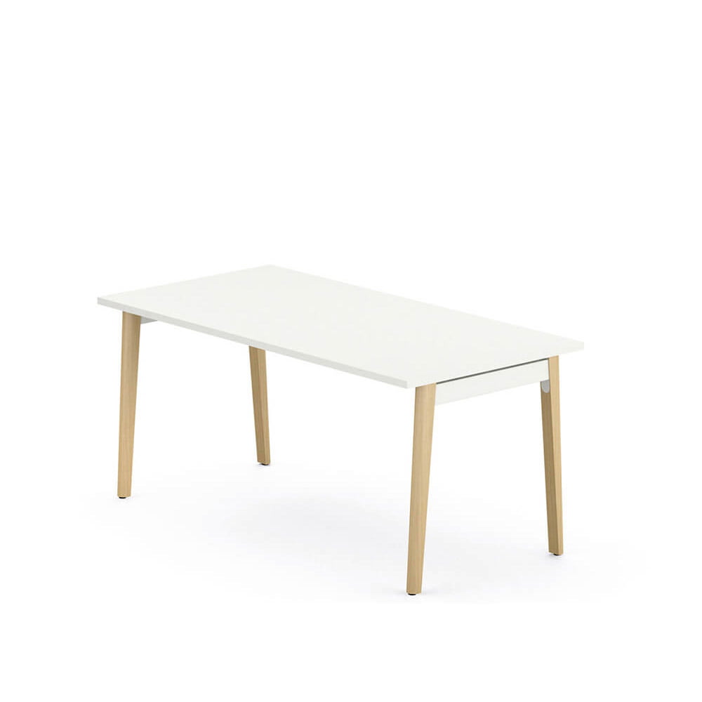 An office desk with white top and wooden legs