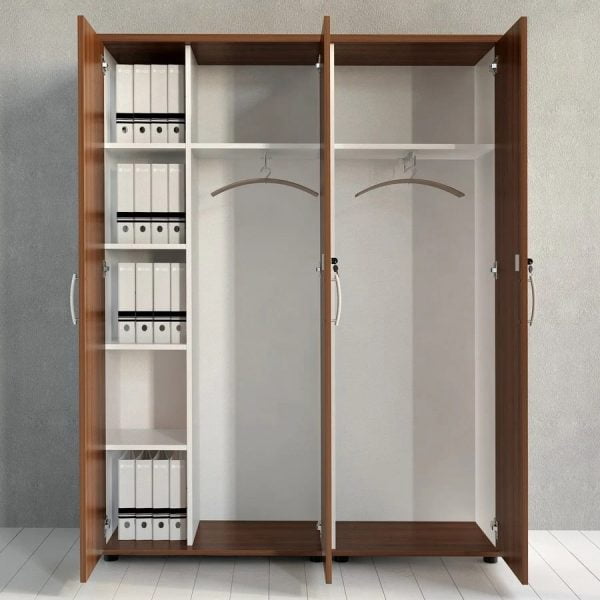 Wooden wardrobe cabinet with opened shutters to see what is inside