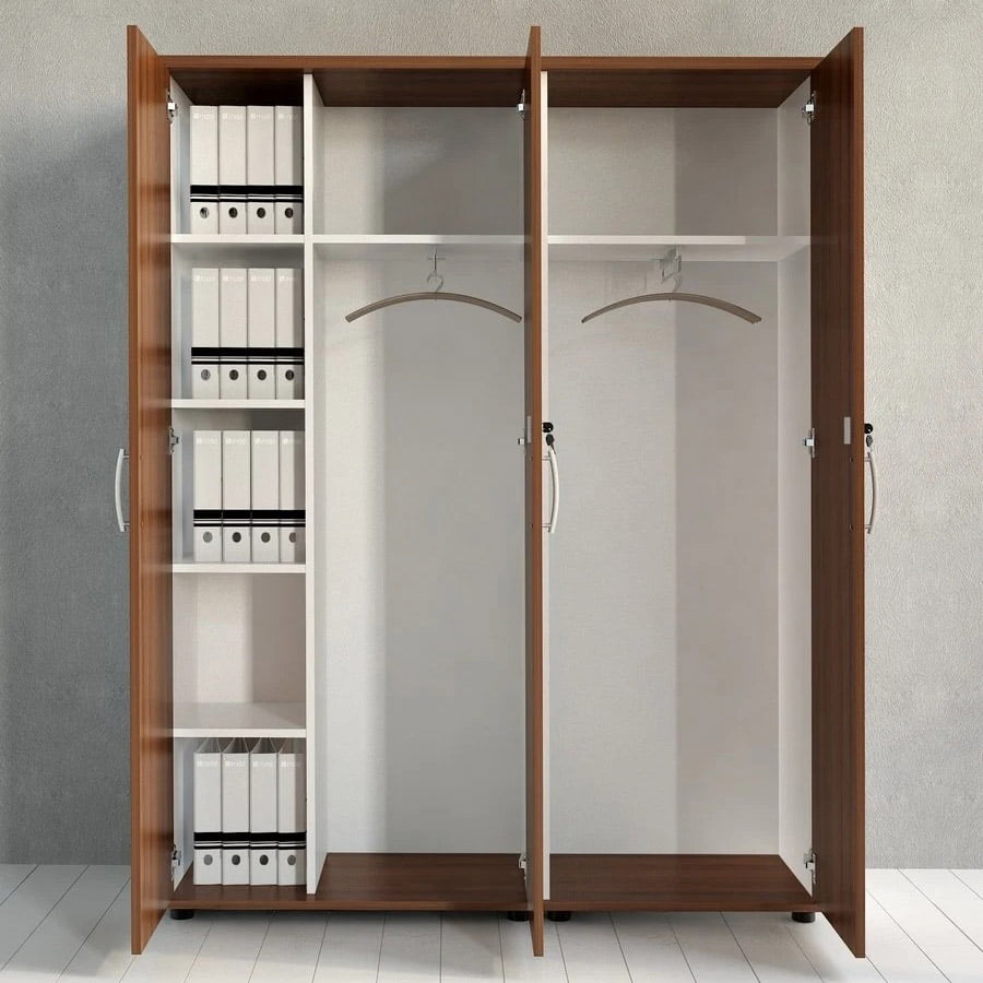 Wooden wardrobe cabinet with opened shutters to see what is inside