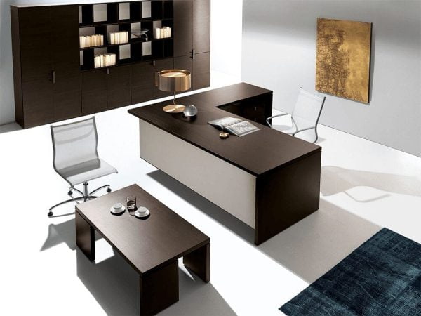 seamless functionality with an office desk equipped with integrated technology ports and cable management for managers.