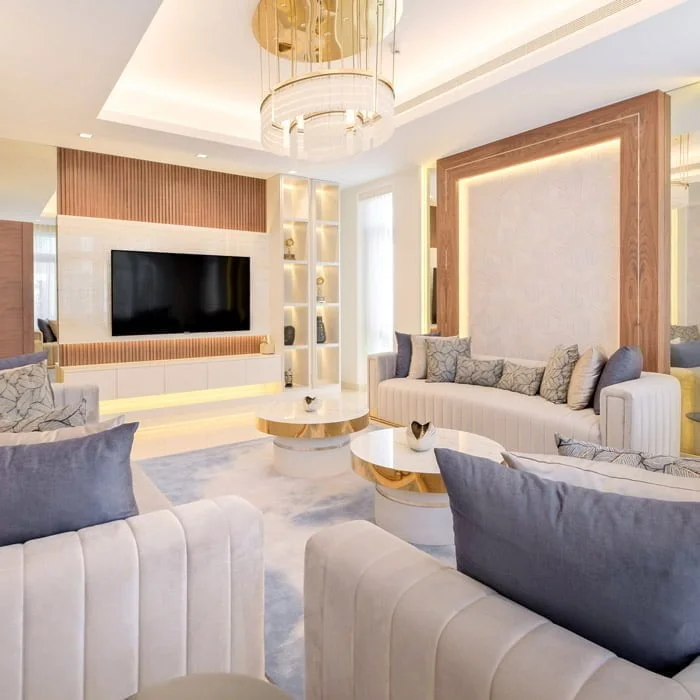 Living room set with sofas and TV wall cladding