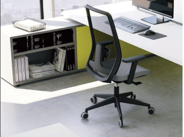 Synthetic leather upholstery and rolling wheels create an elegant and mobile seating solution