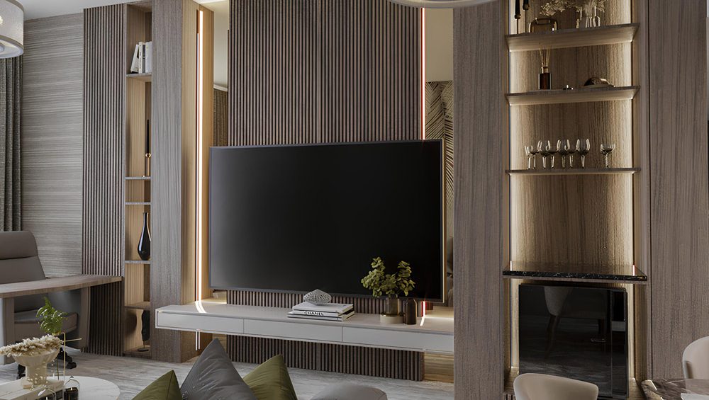 A stylish modern living room interior design in a high-end apartment in Dubai