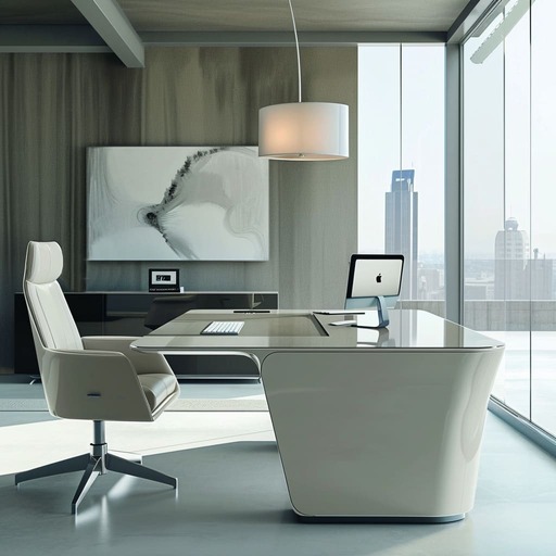 A bold, modern office with a glossy red lacquer desk, a black ergonomic chair, and monochromatic art pieces for a striking look.