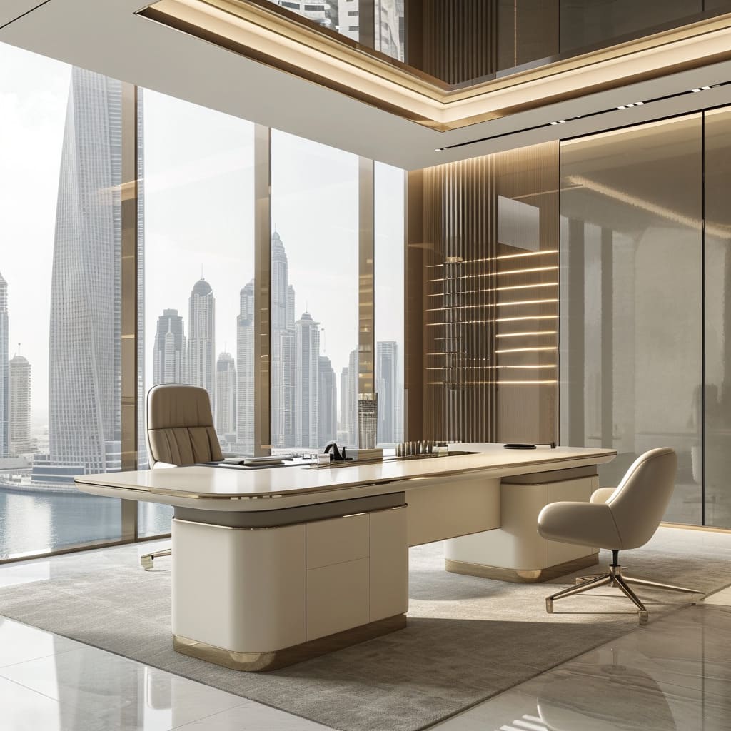 A luxurious office with a glossy off-white desk, a cream manager chair