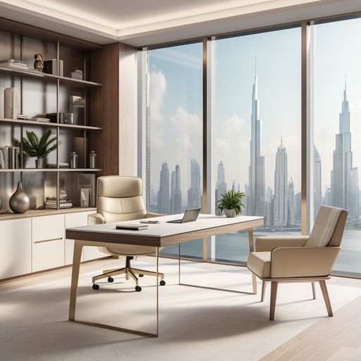 A modern, eco-friendly office with a sustainable desk, a green low-back chair, and plenty of natural plants.