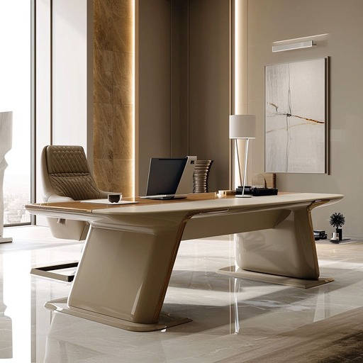 A modern office with a unique desk, a sleek execitive chair, and LED strip lighting for a futuristic feel.