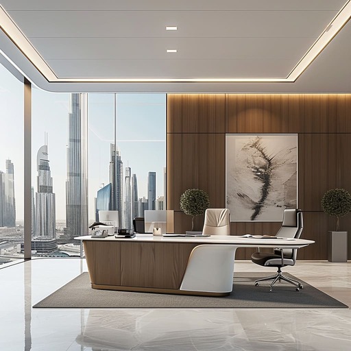 A vibrant, modern office with a designer executive desk, a white ergonomic chair, and colorful abstract art.