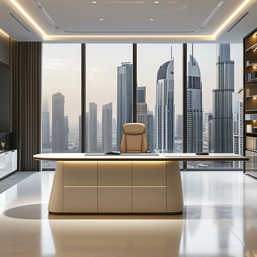An elegant office featuring a large, polished wooden desk with chrome details, a high-back leather chair, and abstract art on the walls.
