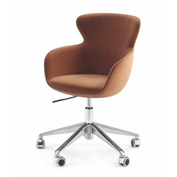 Fabric-upholstered chair in warm brown tones