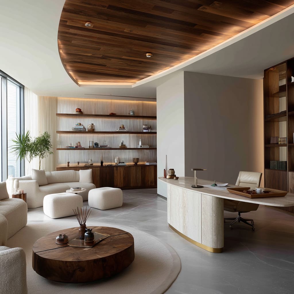 A sculptural desk with smooth off-white travertine panels and a brushed brass plinth base curves softly into the room, deliberately avoiding any visual sharpn