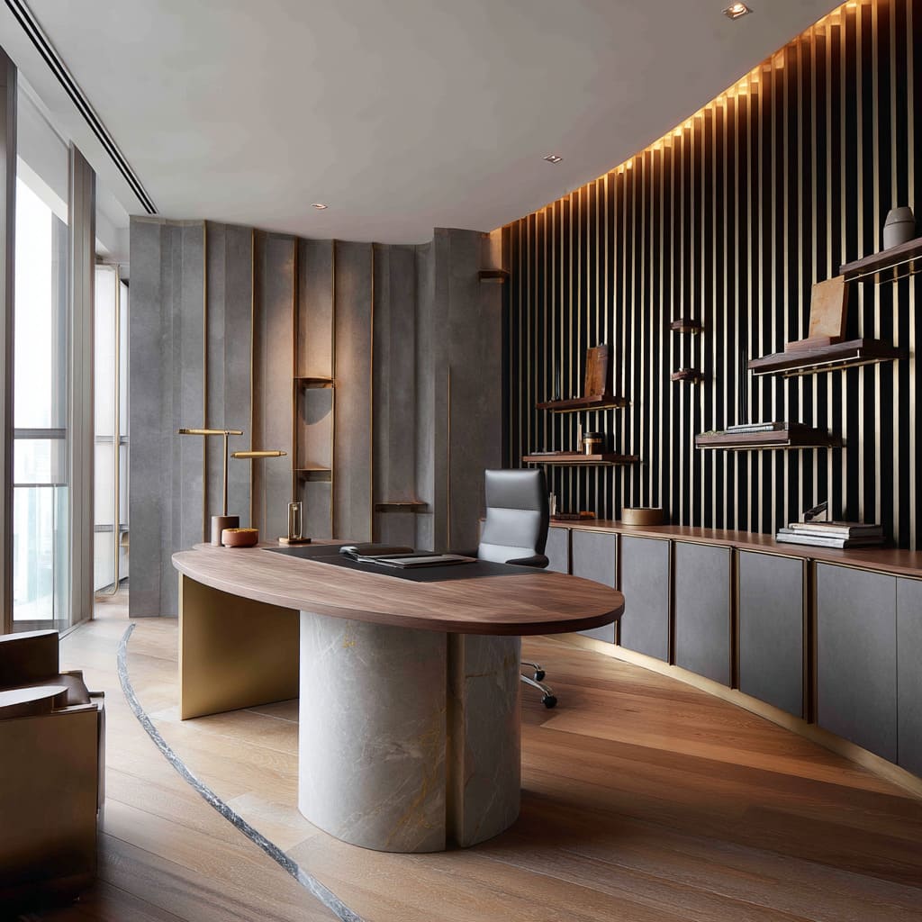 A space designed with drama in mind, this CEO office uses verticality and layering as its central tools