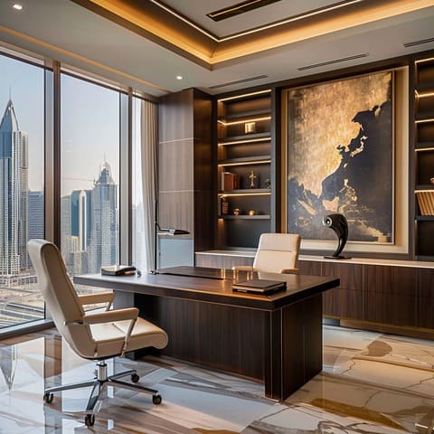 An executive manager office interior features high-end furnishings
