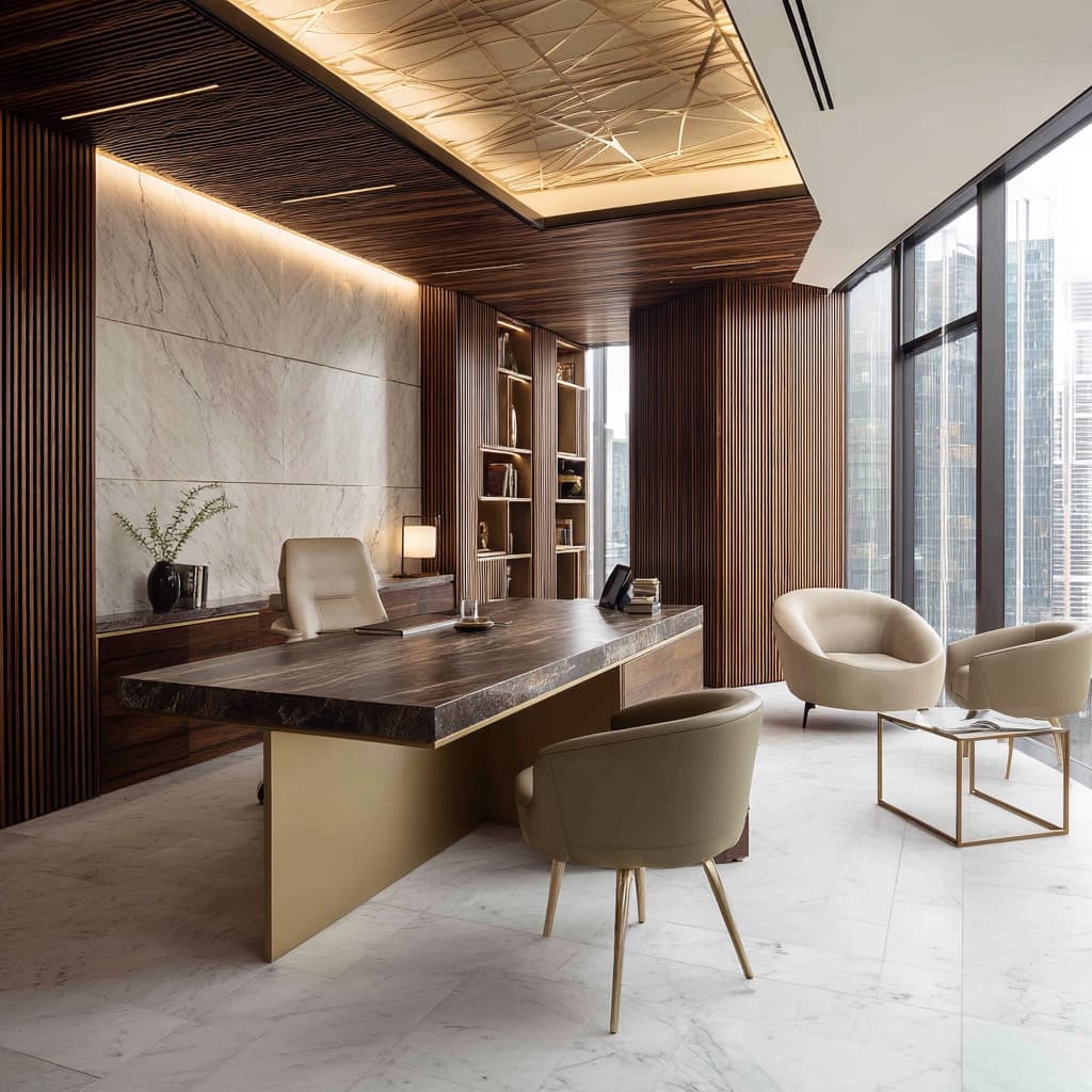 The desk is striking a black marble slab top with expressive white veining, placed on a soft gold geometric support base