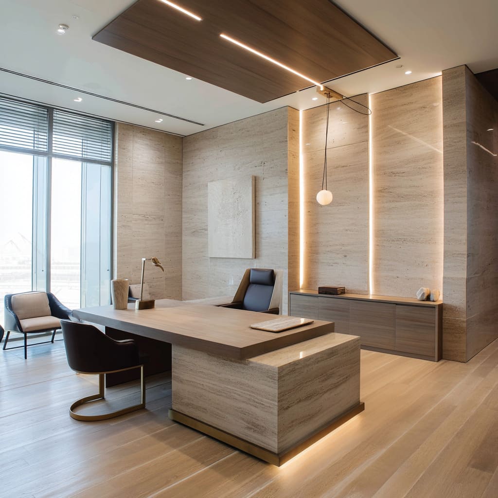 The main desk, executed in a fine sand-colored travertine with sharp right angles, dominates the room with a monolithic calm
