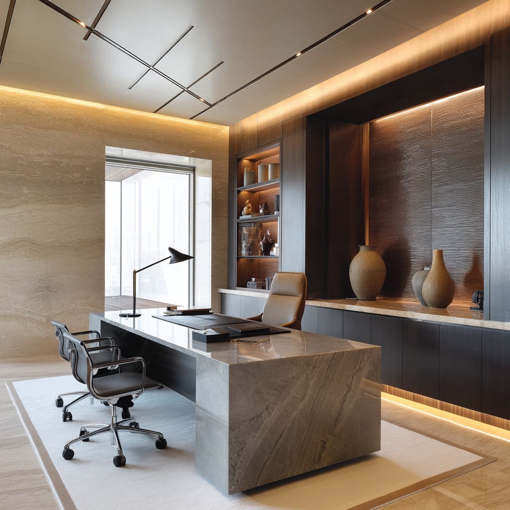 The primary desk, a solid block of smooth gray marble with strong veining, looks carved rather than constructe