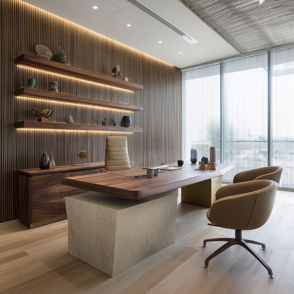 This office leans into a tactile, natural-material palette and places careful focus on tone-on-tone layering