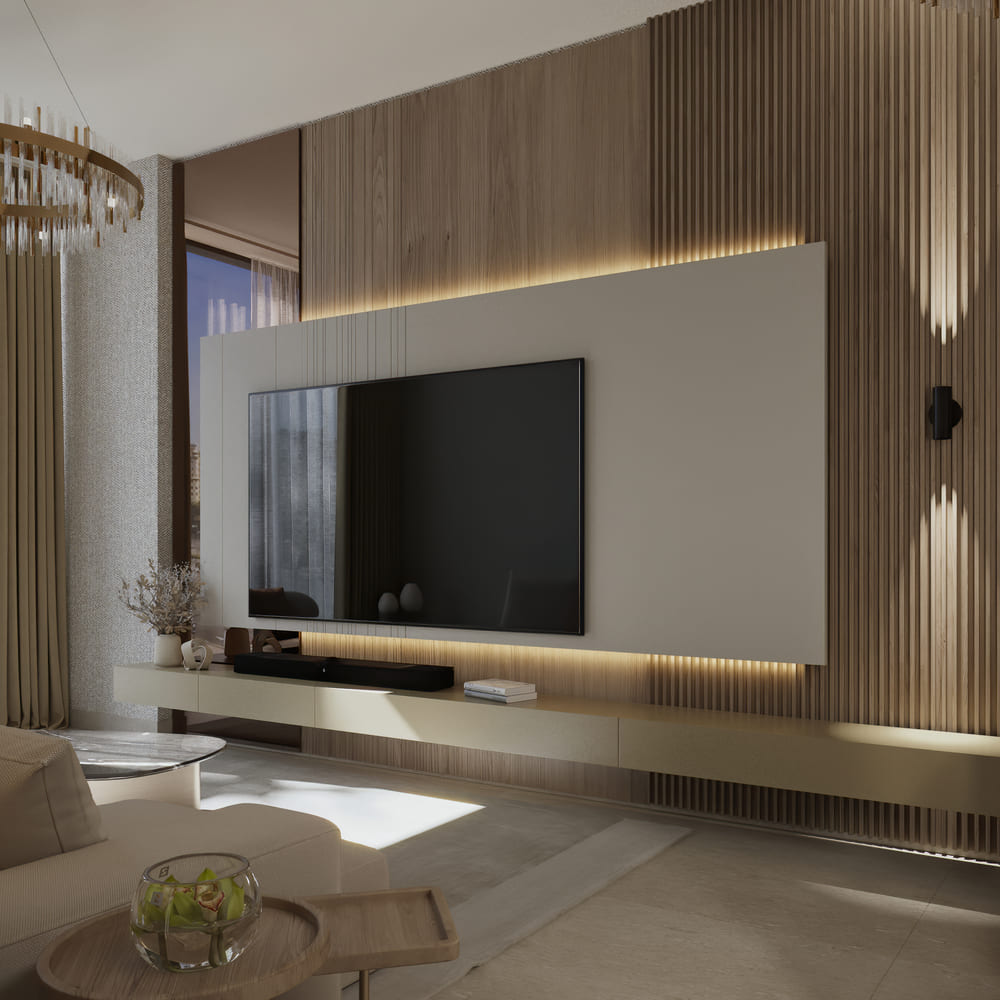 A TV wall design for a living room in a Dubai apartment