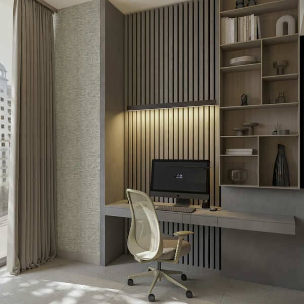 A home office design with a wall unit and a desk