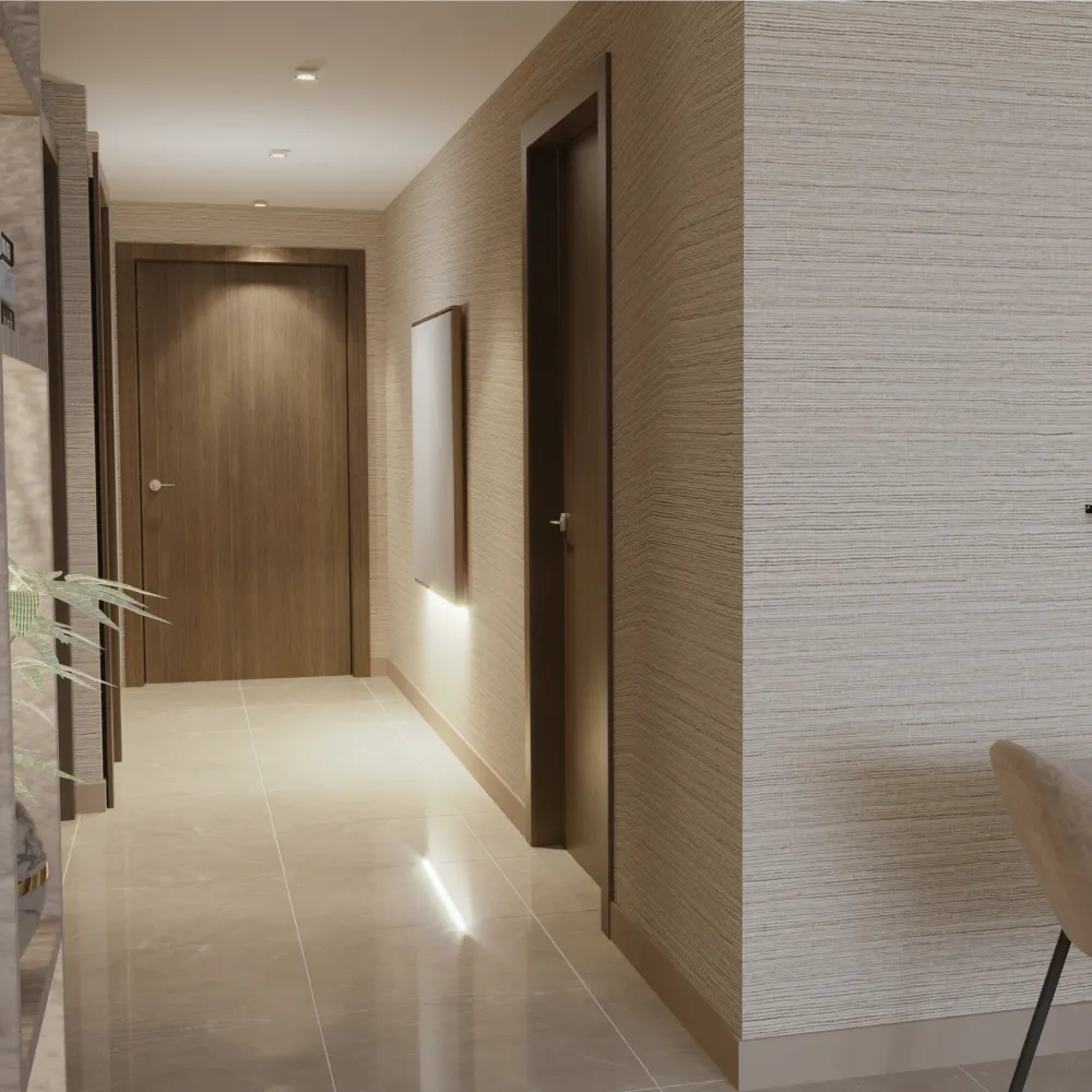 A flat entrance corridor with wallpaper walls and modern decorations