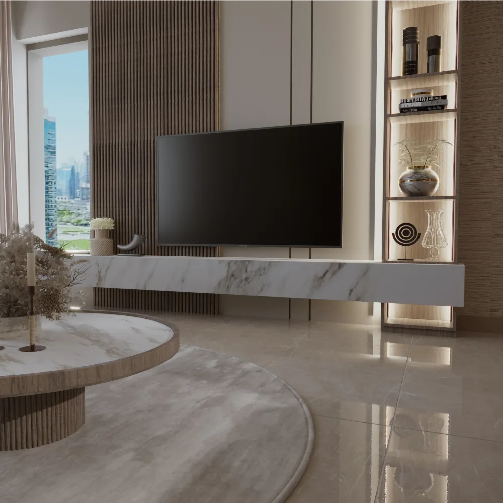 Bespoke TV wall unit design with a floating marble console and impressive LED lighting