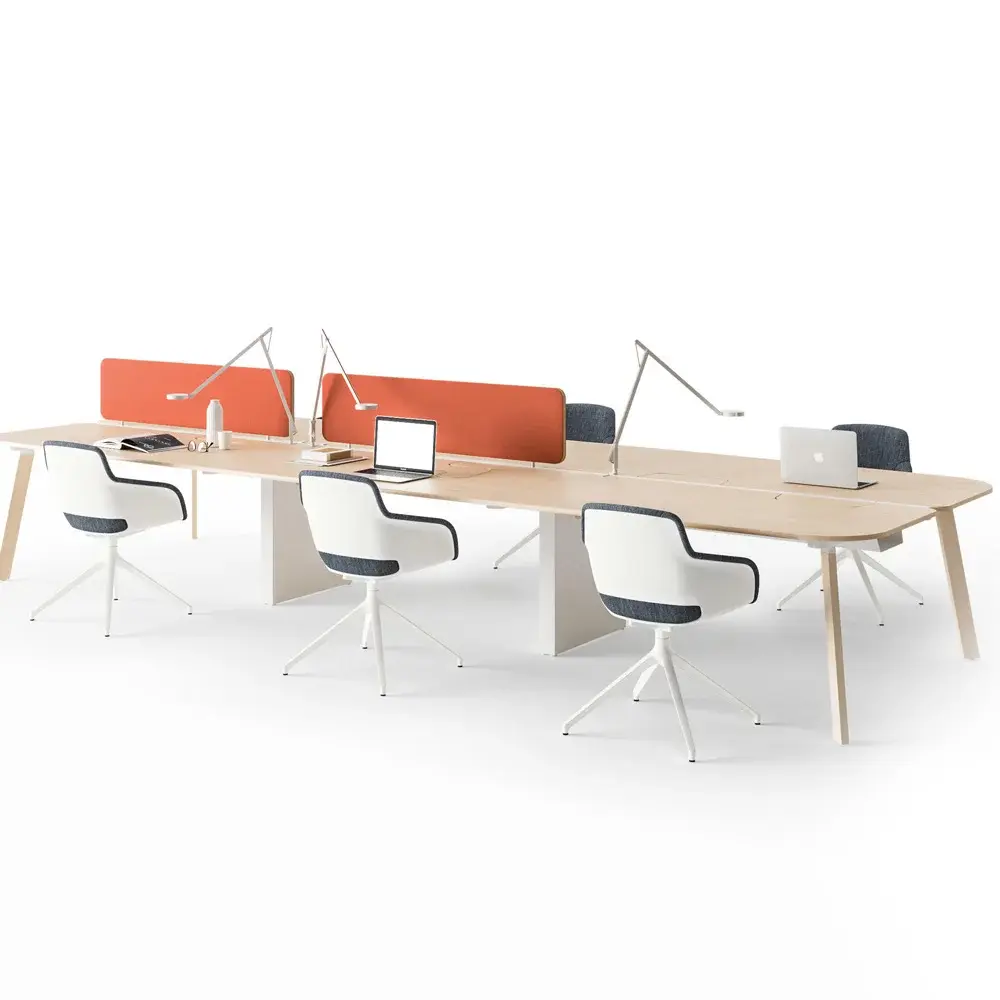 Long office workstation desks with modern wood finish for 6 persons