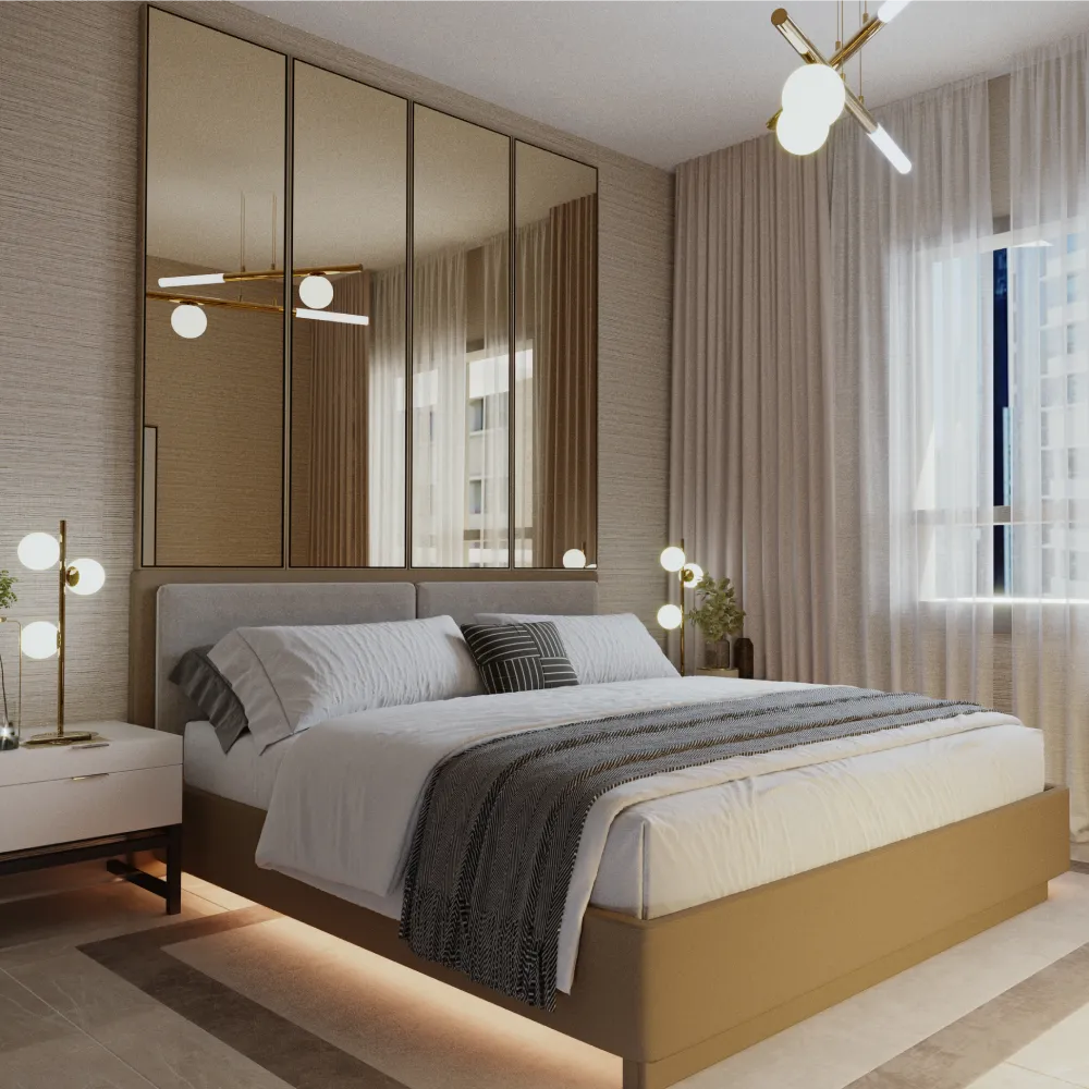 Stylish modern bedroom interior design with 4 mirrors above the bed as a headboard