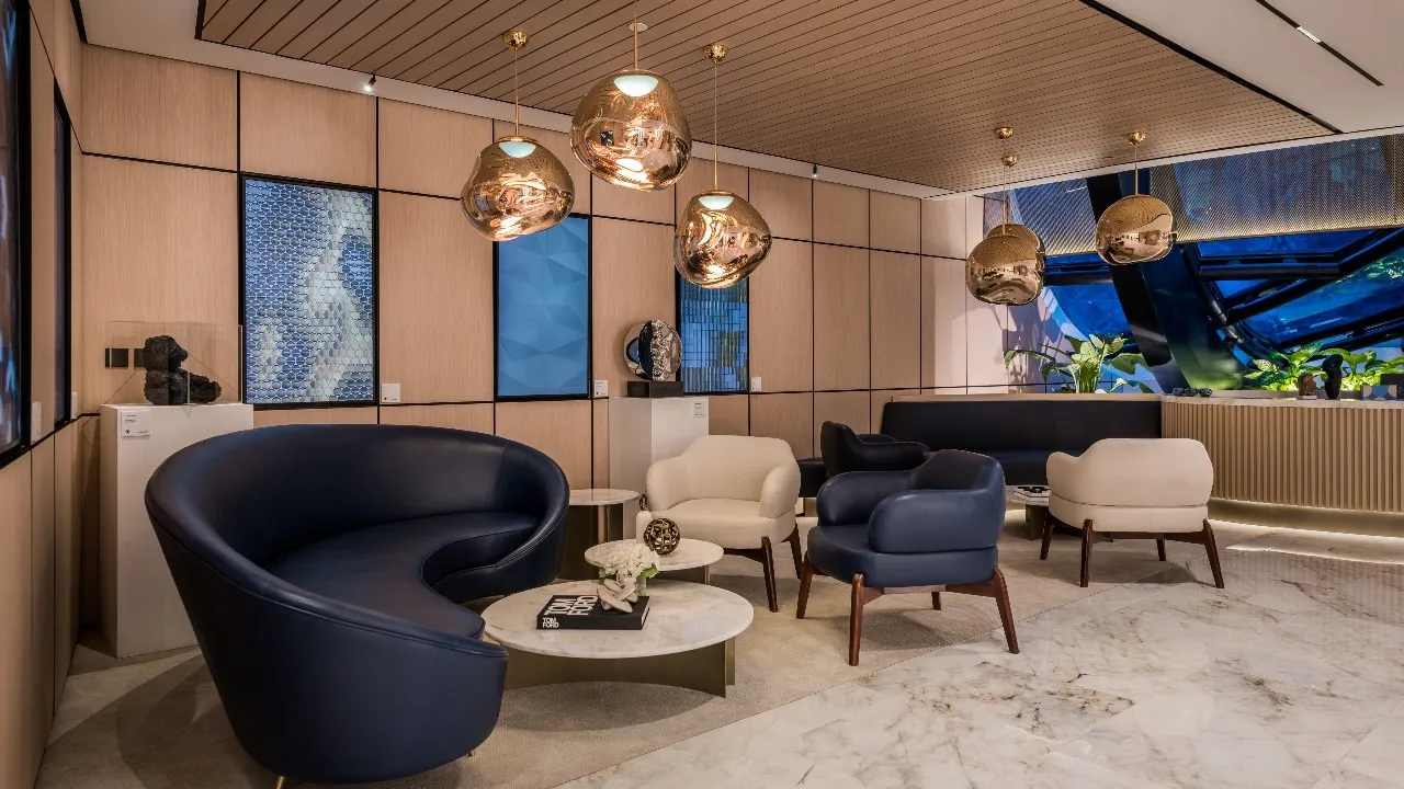 Office reception with a waiting area and reception desk