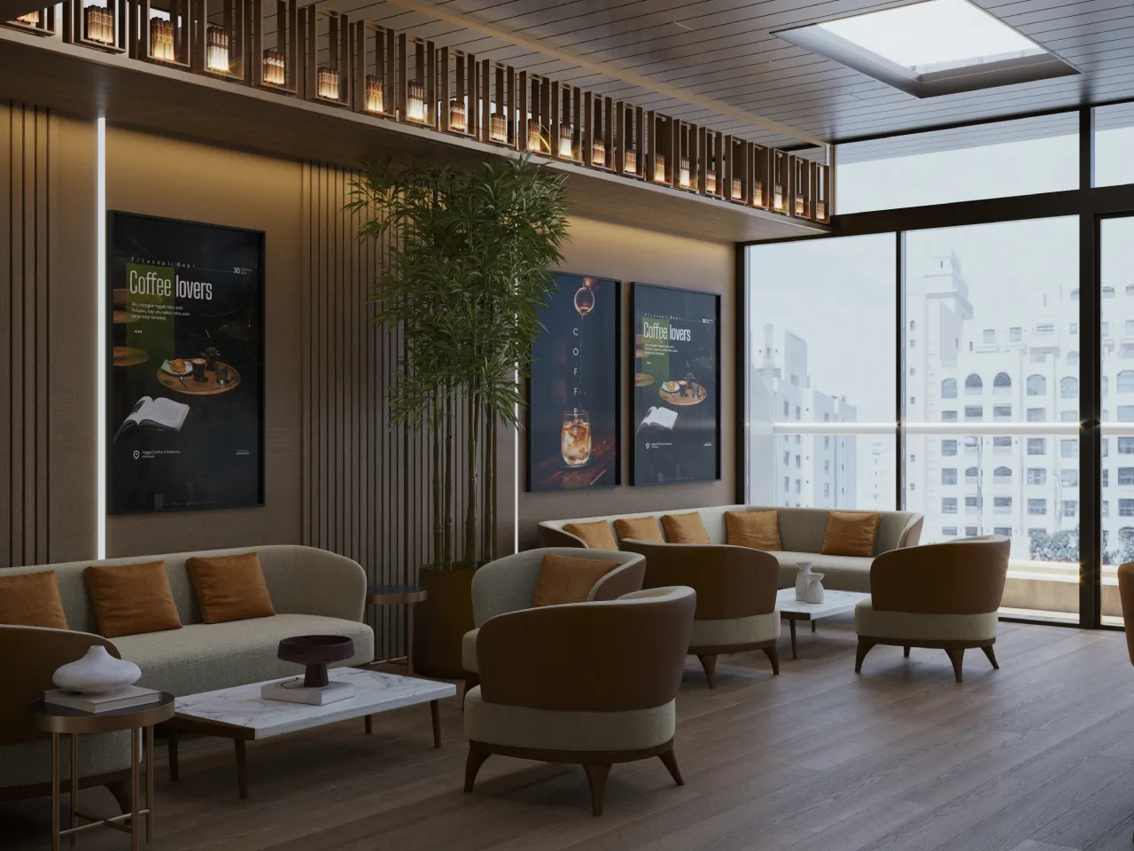 Modern hotel sitting lounge area interior design with sofas and armchairs